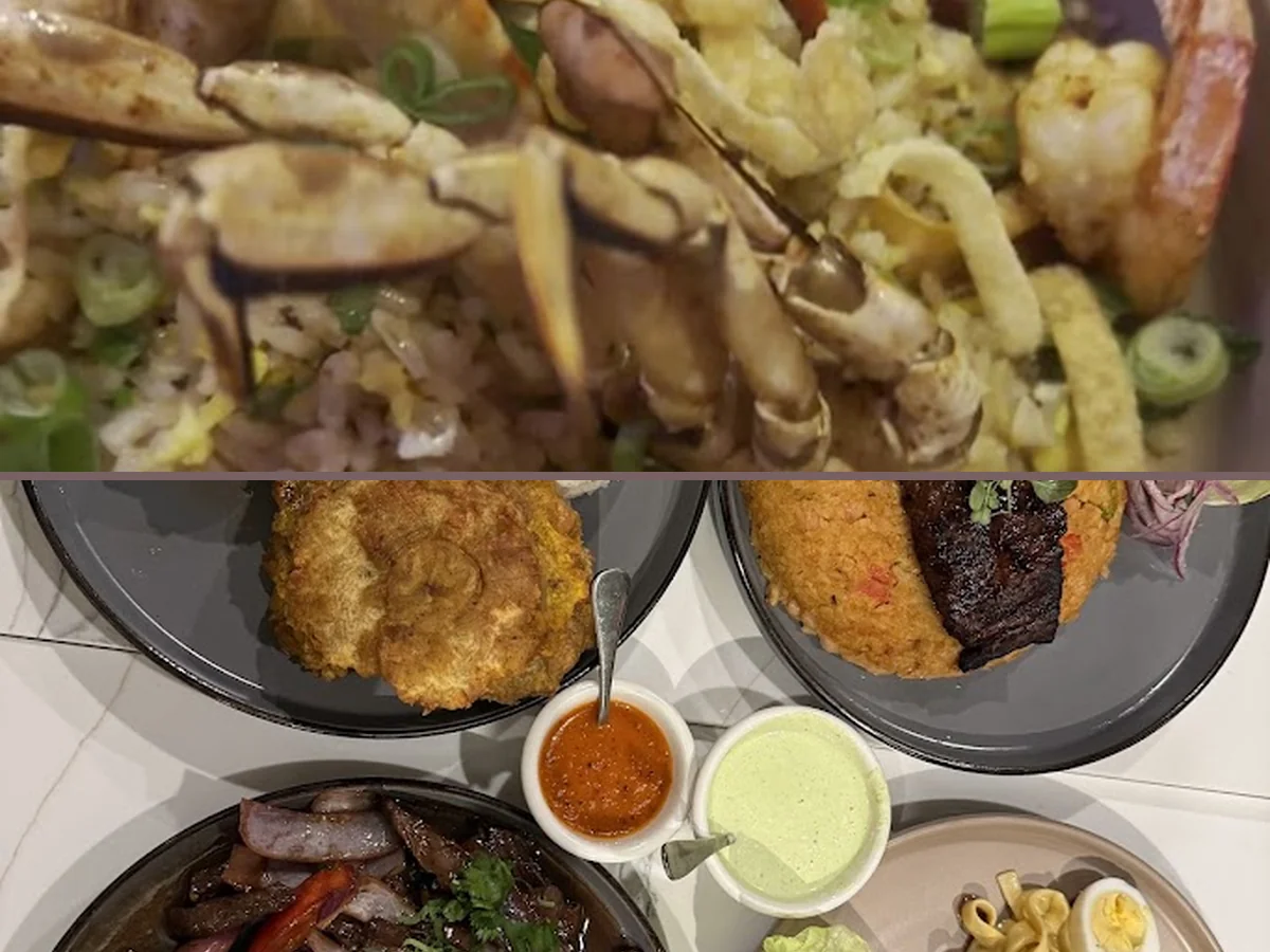 Peruvian dishes arranged on white plates.