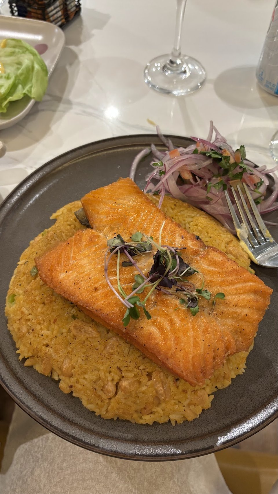 Salmon with Yellow Rice and Onions