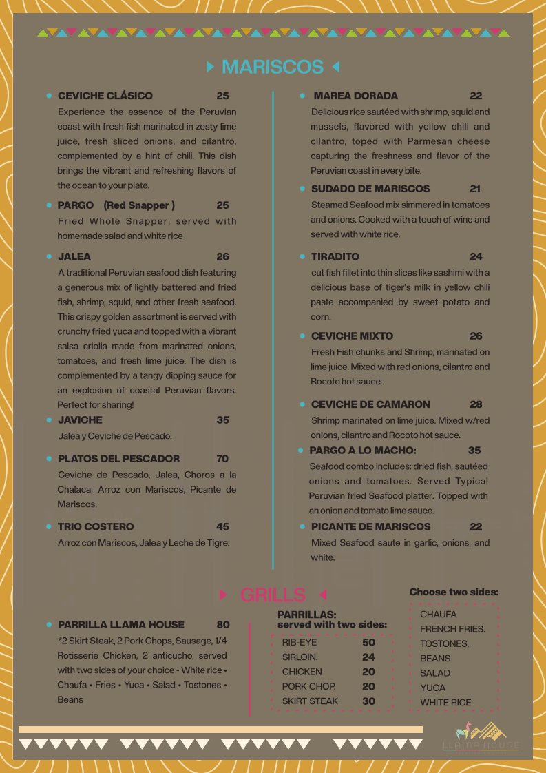 Printed menu with Peruvian starters and mains.